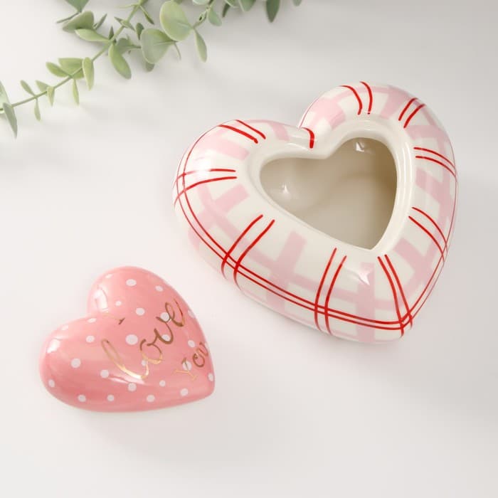Шкатулка для украшений «Розовое сердце в горошек, в клеточку», керамика, 15.7×15.3×8.2 см