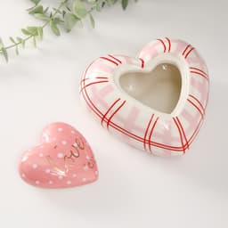 Шкатулка для украшений «Розовое сердце в горошек, в клеточку», керамика, 15.7×15.3×8.2 см