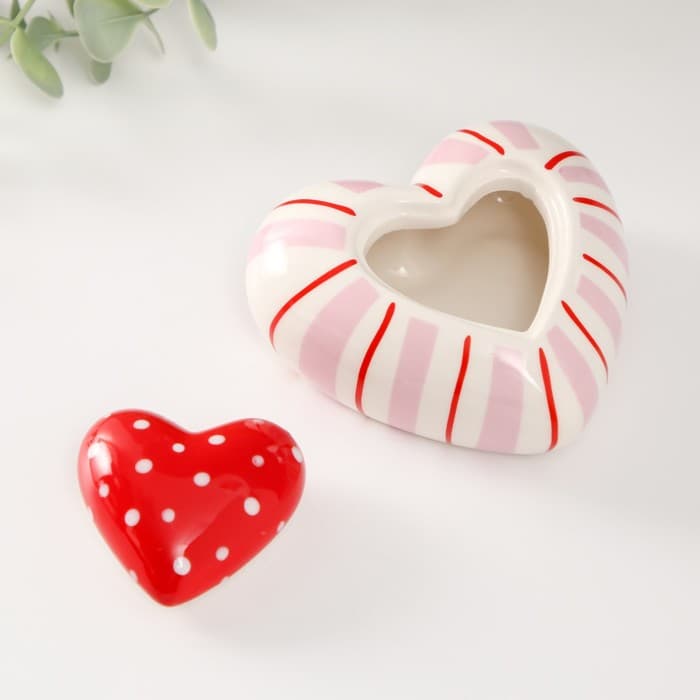 Шкатулка для украшений «Красное сердце в горошек, полосатое», керамика, 10.2×10×5 см