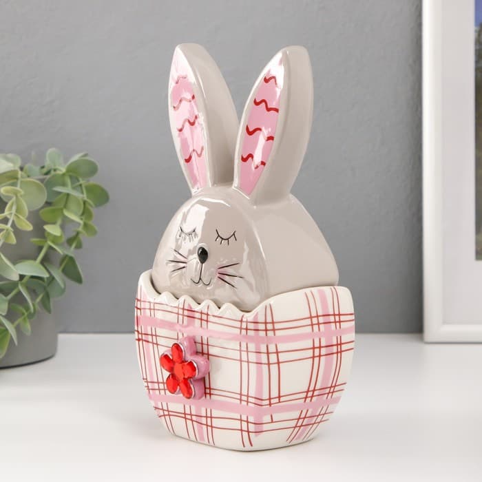 Шкатулка для украшений «Зайка в яйце», керамика, серо-красный, 11.8×7.2×20.8 см