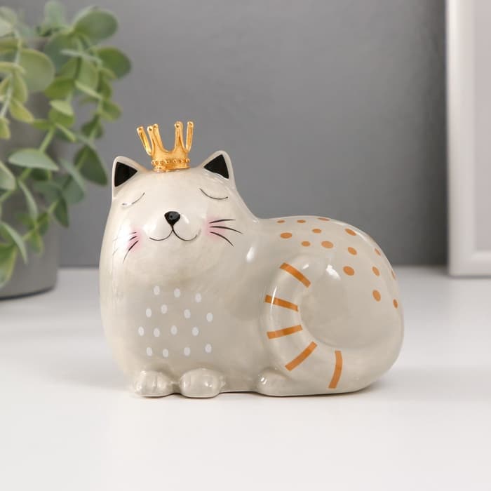 Копилка для денег «Спящая серая кошка в короне», керамика, 11.6×7.4×10.3 см