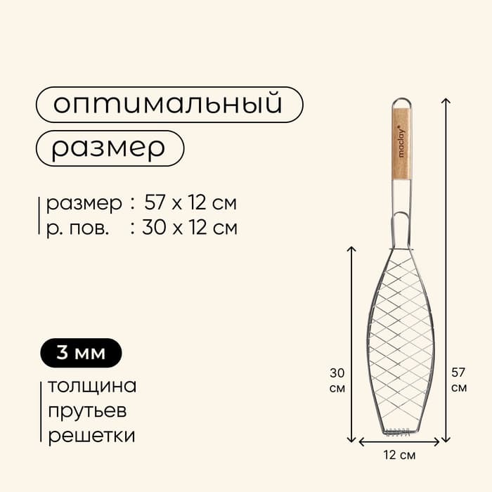 Решётка - гриль для рыбы maclay, 30×12 см, хромированная сталь, для мангала