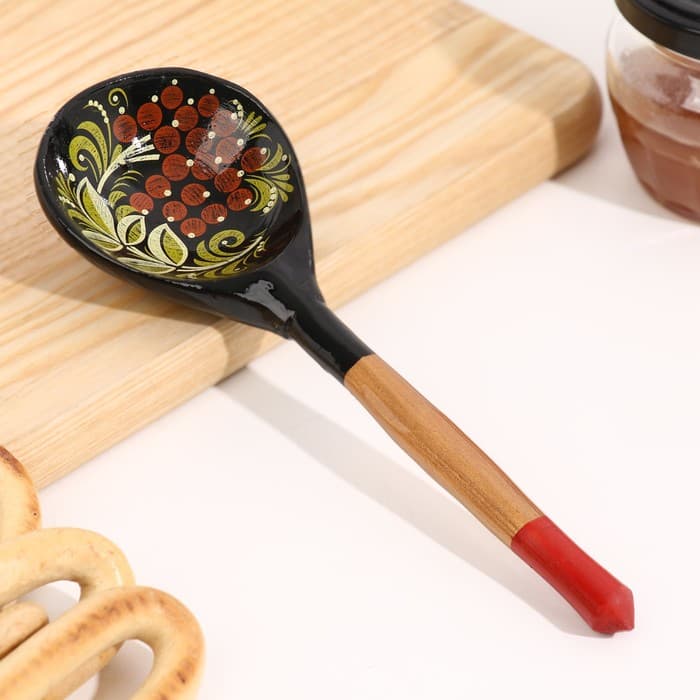 Ложка деревянная полубаская с росписью ягодка, 19×6 см, МИКС