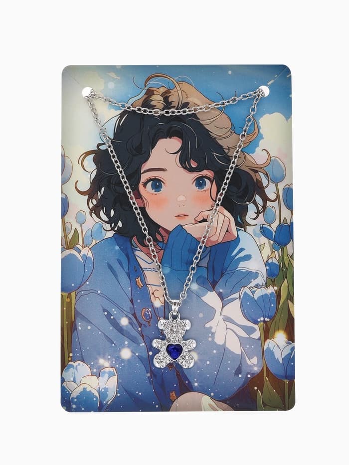 Кулон «Мишка», с сердечком, бело-синий в серебре, 40 см