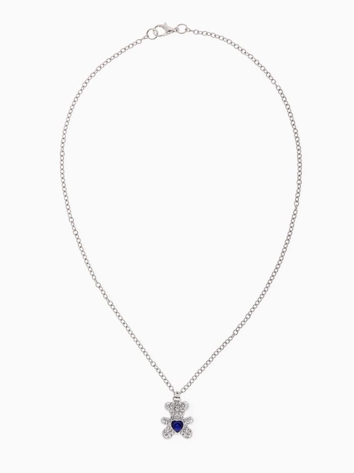 Кулон «Мишка», с сердечком, бело-синий в серебре, 40 см