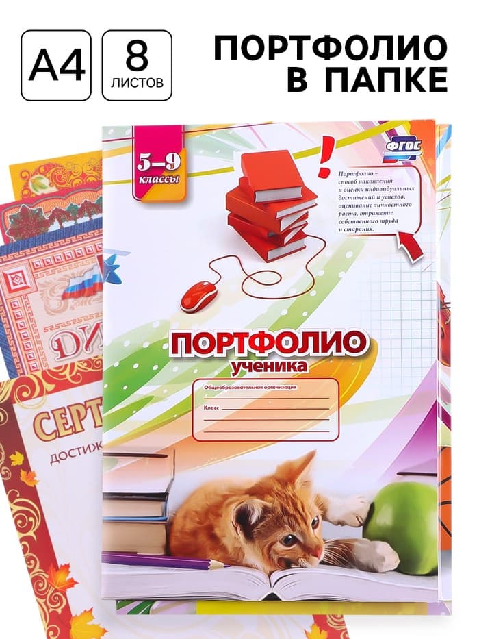 Портфолио в папке, ученика 5 - 9 класса, 8 грамот, А4