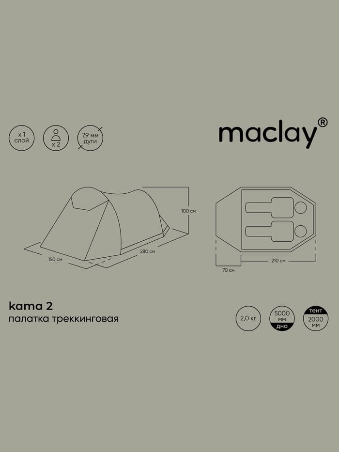 Палатка туристическая 2-местная maclay kama 2, 280×150×100 см, трекинговая, однослойная, зелёная