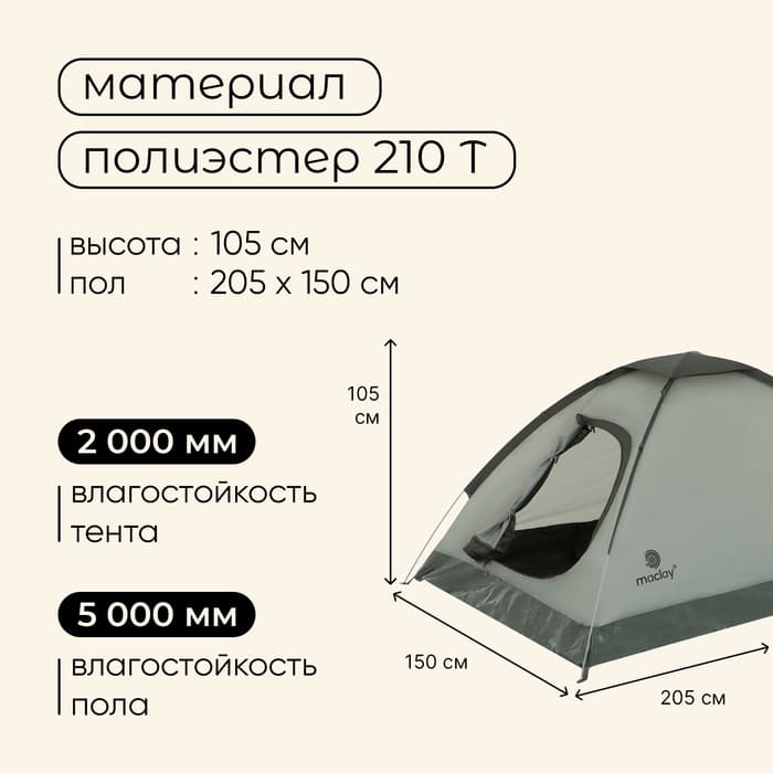 Палатка туристическая 2-местная maclay FISHT 2, 205×150×105 см, трекинговая, однослойная, зелёная