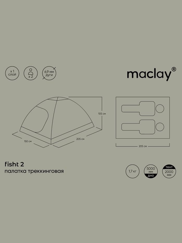Палатка туристическая 2-местная maclay FISHT 2, 205×150×105 см, трекинговая, однослойная, зелёная