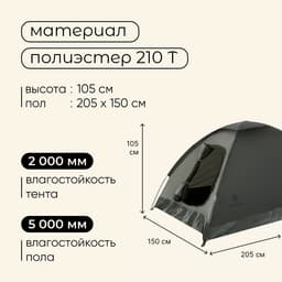 Палатка туристическая 2-местная maclay terskol 2, 205×150×105 см, трекинговая, однослойная, зелёная