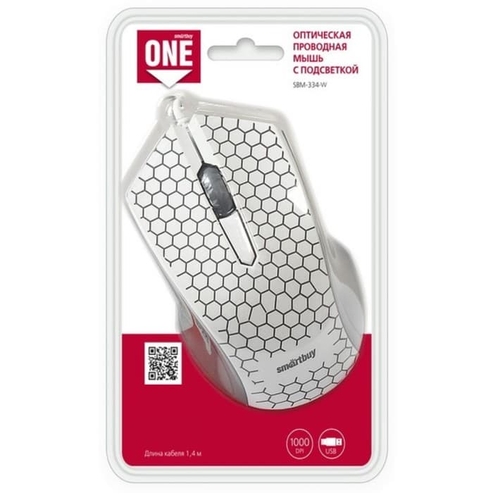 Мышь Smartbuy ONE 334-W , проводная, оптическая, 1000 dpi, USB, белая