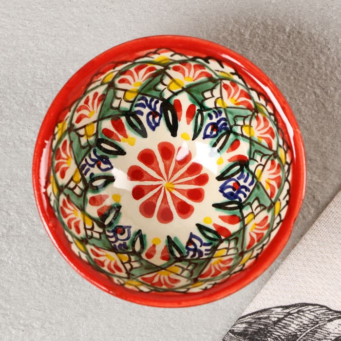 Пиала узбекская Риштанская керамика «Узоры», 120 мл, d=9.5 см, красная, МИКС