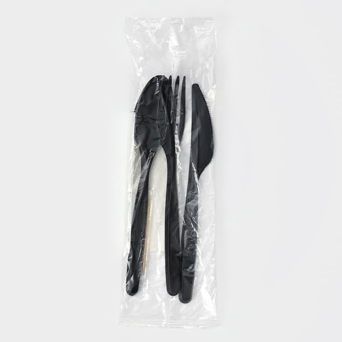 Набор пластиковых одноразовых столовых приборов «Элит», 5 предметов: вилка, ложка, нож, зубочистка, салфетка, 18 см, чёрный