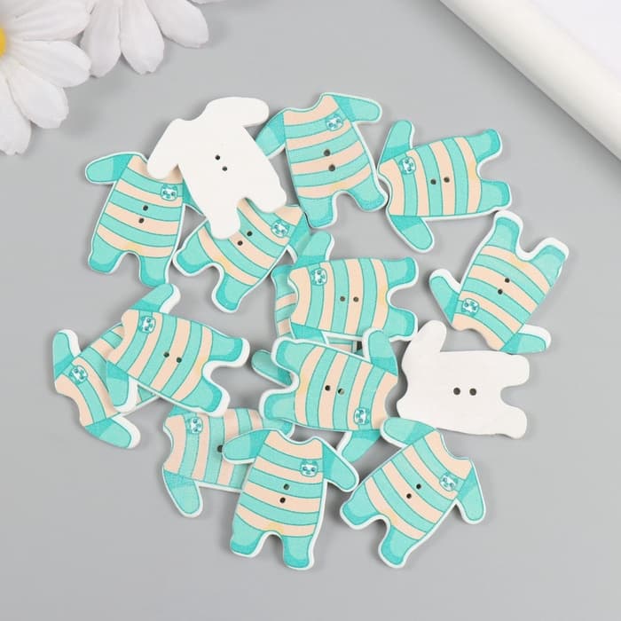 Пуговицы дерево для творчества 2 прокола «Комбинезон зелёный», набор 15 шт., 3.2×3.3 см