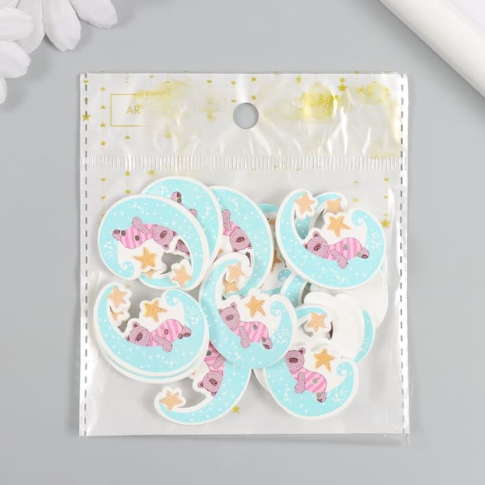 Пуговицы дерево для творчества 2 прокола «Мишка на месяце», набор 15 шт., 2.8×3.4 см