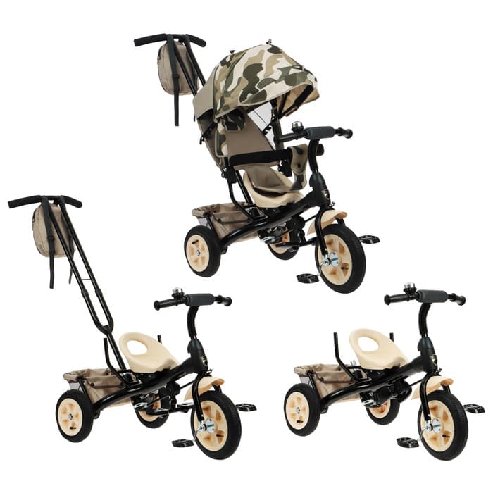 Велосипед детский трёхколёсный Vivat 1, трансформер, с родительской ручкой, диаметр колёс 8" и 10", принт хаки, бежевый