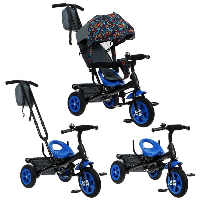 Велосипед детский трёхколёсный Vivat 1, трансформер, с родительской ручкой, диаметр колёс 8" и 10", принт стрелки, чёрный