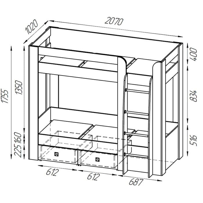 Кровать двухъярусная «Микки», 2 ящика, 800×2000 мм, цвет дуб ривьера/серый