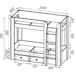 Кровать двухъярусная «Микки», 2 ящика, 800×2000 мм, цвет дуб ривьера/серый