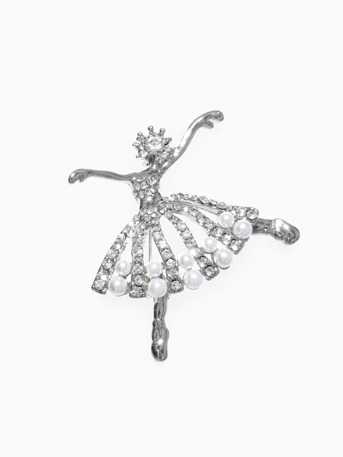 Брошь «Балерина», с бусинками, белая в серебре