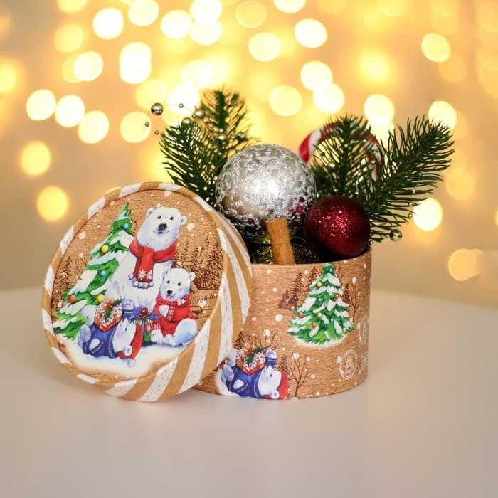 Коробка подарочная новогодняя для макарун тубус без окна «Мишки», 12×8 см