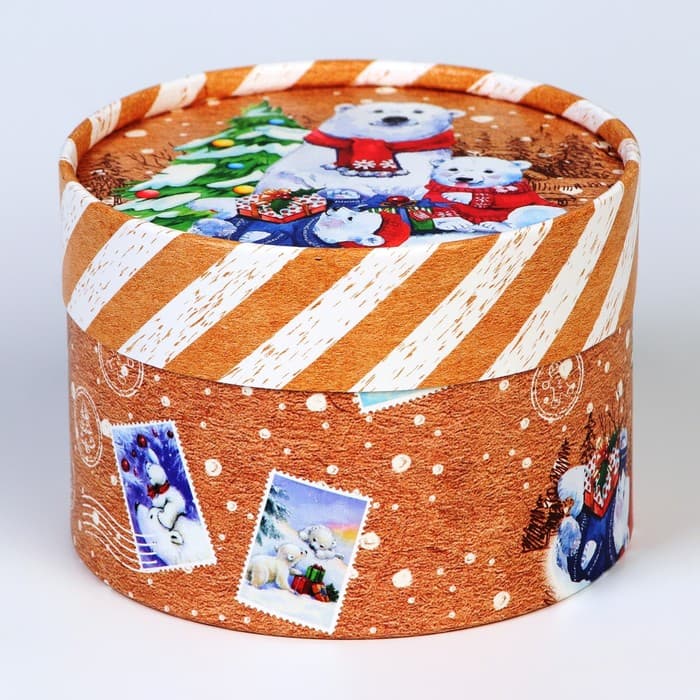 Коробка подарочная новогодняя для макарун тубус без окна «Мишки», 12×8 см