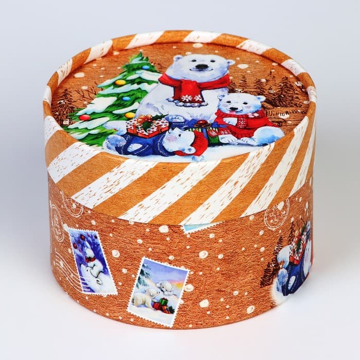 Коробка подарочная новогодняя для макарун тубус без окна «Мишки», 12×8 см