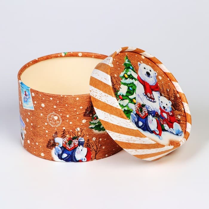 Коробка подарочная новогодняя для макарун тубус без окна «Мишки», 12×8 см