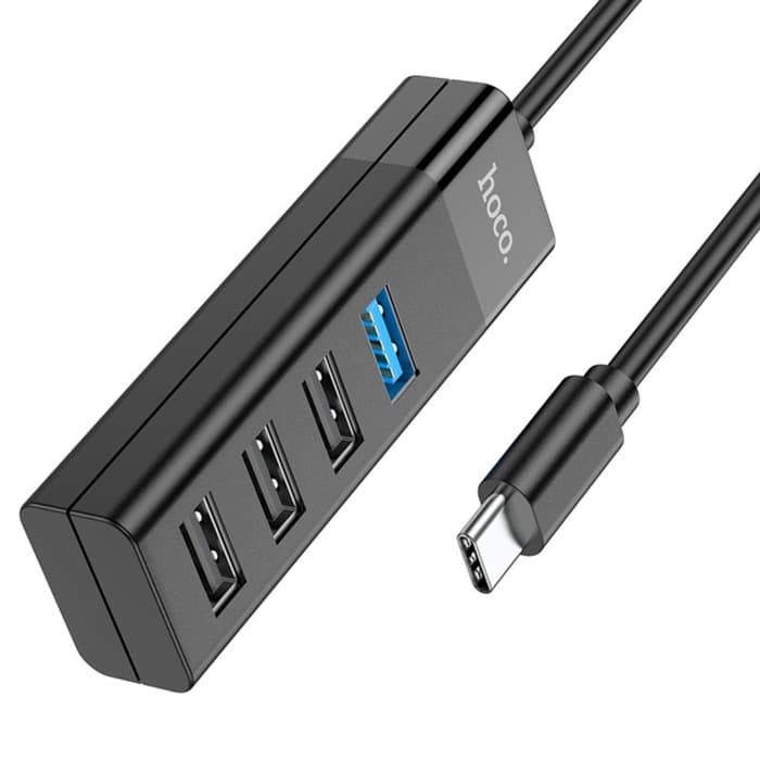 Адаптер Hoco HB25, 4 в 1, Type-C to USB3.0/USB2.0×3, длина кабеля 30 см, чёрный