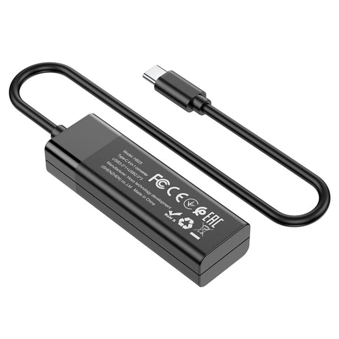 Адаптер Hoco HB25, 4 в 1, Type-C to USB3.0/USB2.0×3, длина кабеля 30 см, чёрный