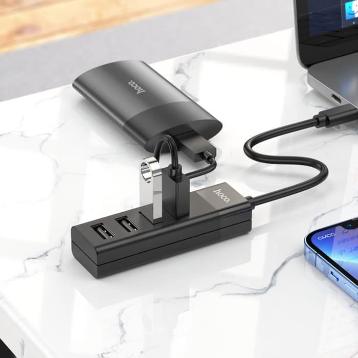 Адаптер Hoco HB25, 4 в 1, Type-C to USB3.0/USB2.0×3, длина кабеля 30 см, чёрный