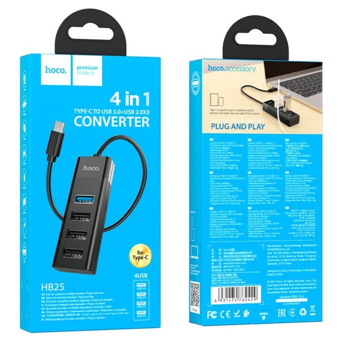 Адаптер Hoco HB25, 4 в 1, Type-C to USB3.0/USB2.0×3, длина кабеля 30 см, чёрный