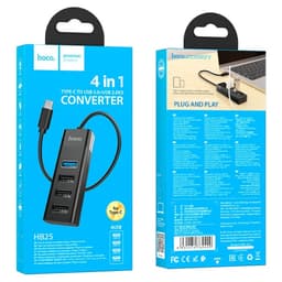 Адаптер Hoco HB25, 4 в 1, Type-C to USB3.0/USB2.0×3, длина кабеля 30 см, чёрный