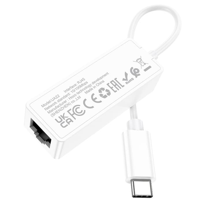 Адаптер Hoco UA22, Type-C - ethernet (100 Мб), 15 см, белый