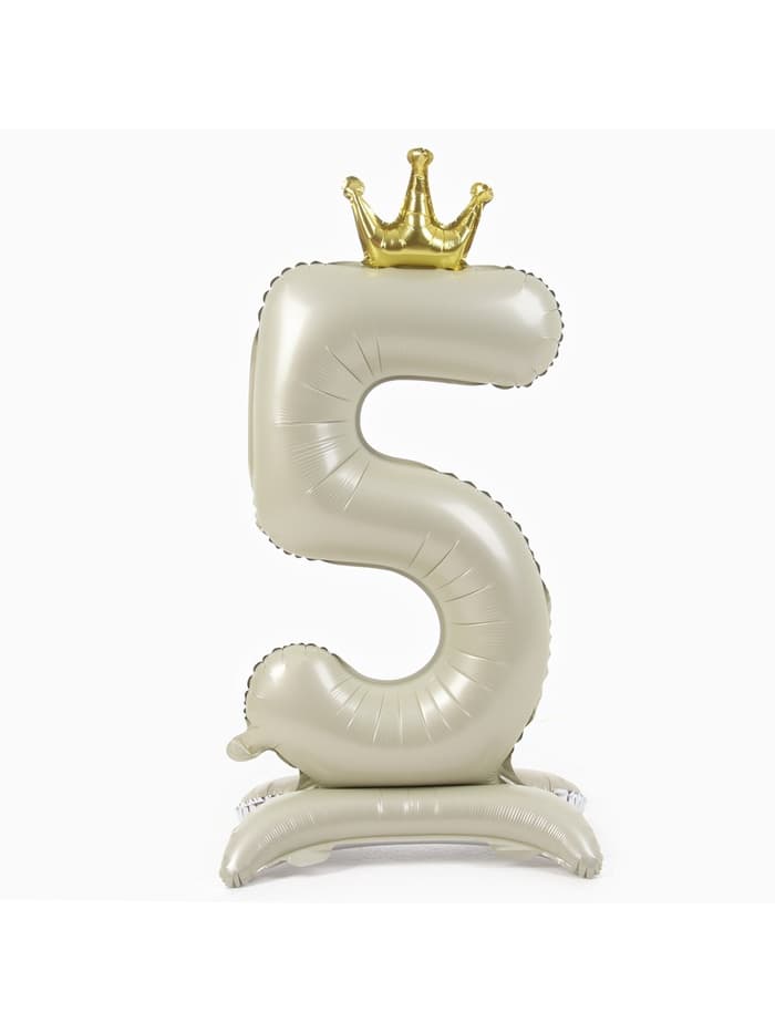 Шар фольгированный 42" «Цифра 5 с короной» на подставке, цвет взбитые сливки