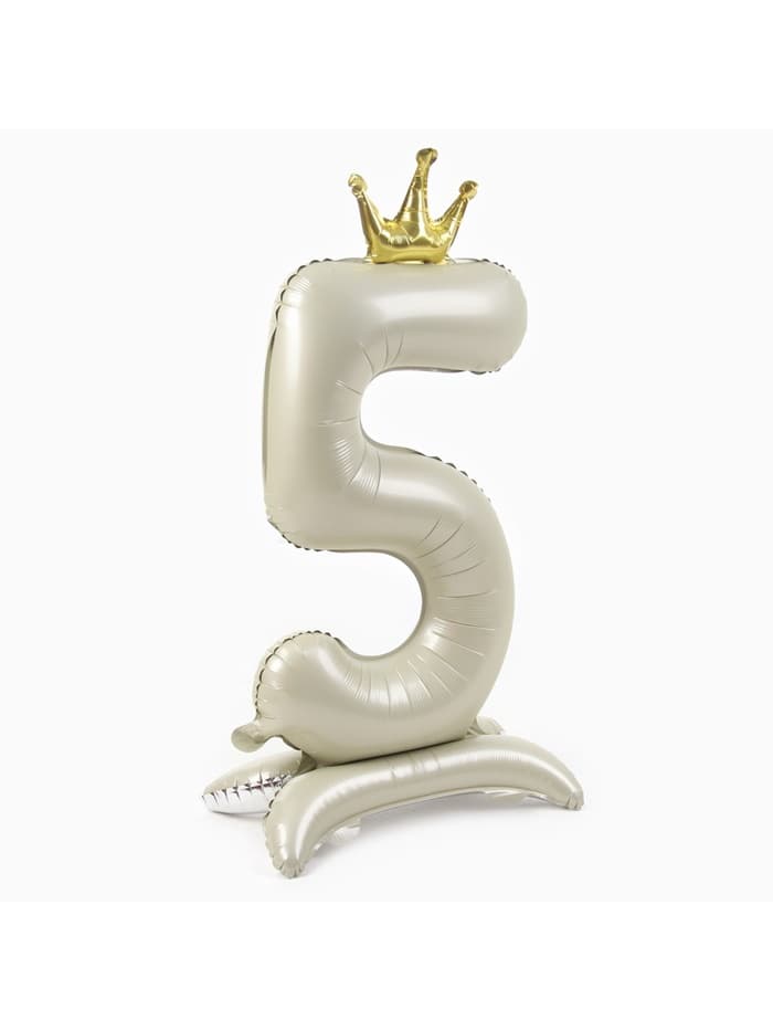 Шар фольгированный 42" «Цифра 5 с короной» на подставке, цвет взбитые сливки