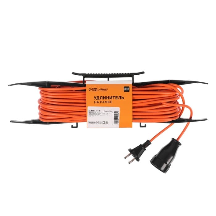 Удлинитель на рамке Luazon Lighting ECO, 1 розетка, ПВС 2×0.75, 6 А, 1300 Вт, IP 20, 20 м, Оранжевый