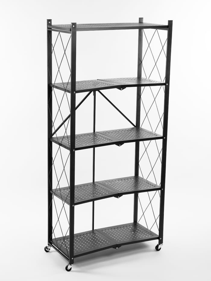 Стеллаж складной на колесах, 5 полок, 72×36×162.5 см, чёрный матовый