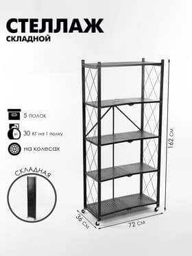 Стеллаж складной на колесах, 5 полок, 72×36×162.5 см, чёрный матовый