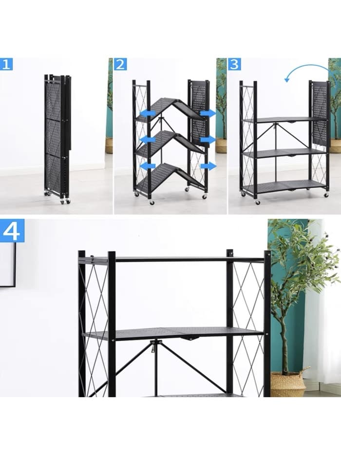 Стеллаж складной на колесах, 5 полок, 72×36×162.5 см, чёрный матовый