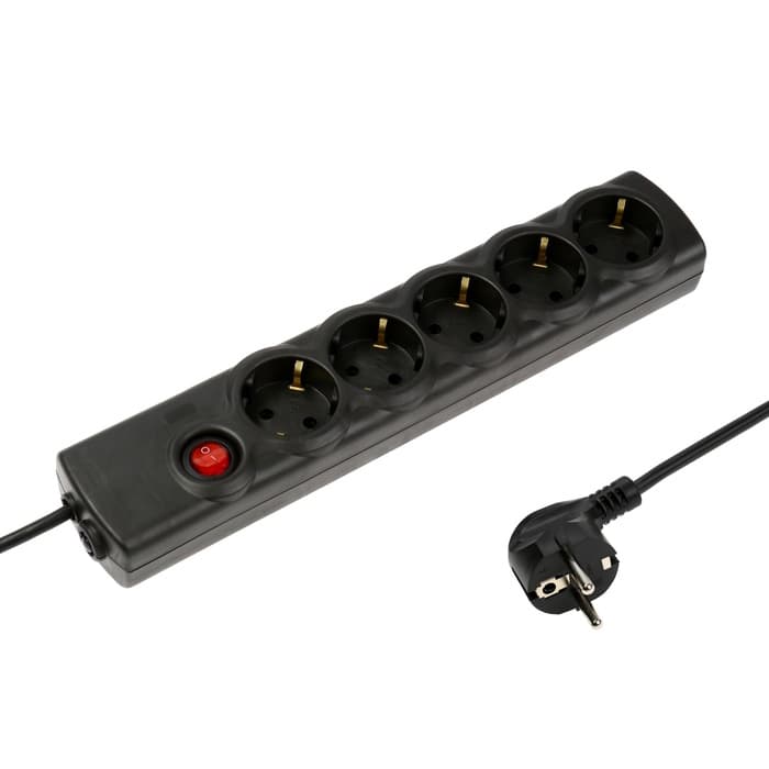 Сетевой фильтр Luazon Lighting, 5 розеток, 5 м, 2200 Вт, 3х0.75 мм2, 10 A, 220 В, c предохранителем, черный