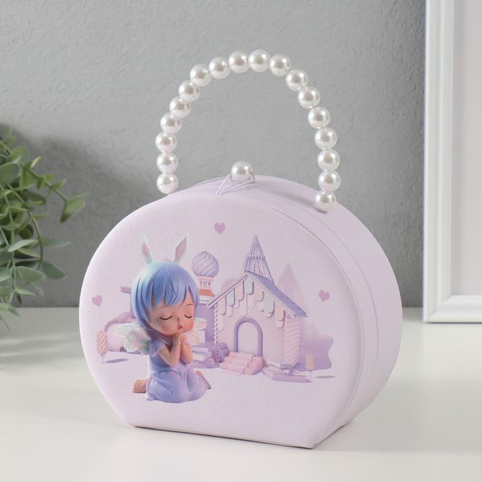 Шкатулка для украшений «Сумочка. Малышка-ангел у домика», искусственная кожа, сирень, 19×15.5×7.5 см