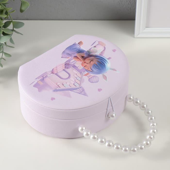 Шкатулка для украшений «Сумочка. Малышка-ангел у домика», искусственная кожа, сирень, 19×15.5×7.5 см