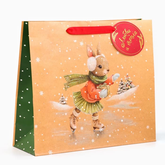 Пакет подарочный новогодний ламинированный «Зайка на льду», люкс, 36×32×12 см
