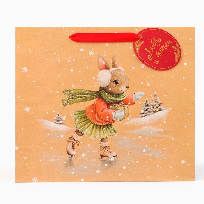 Пакет подарочный новогодний ламинированный «Зайка на льду», люкс, 36×32×12 см