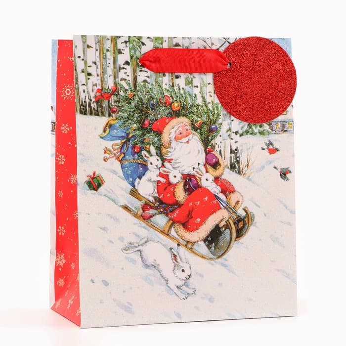 Пакет подарочный новогодний ламинированный «На санях», люкс, 18×22.3×10 см