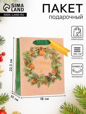 Пакет подарочный новогодний ламинированный «С новым годом!», люкс, 18×22.3×10 см