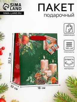 Пакет подарочный новогодний ламинированный с тиснением «Уют», люкс, 18×22.3×10 см
