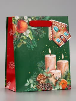 Пакет подарочный новогодний ламинированный с тиснением «Уют», люкс, 18×22.3×10 см