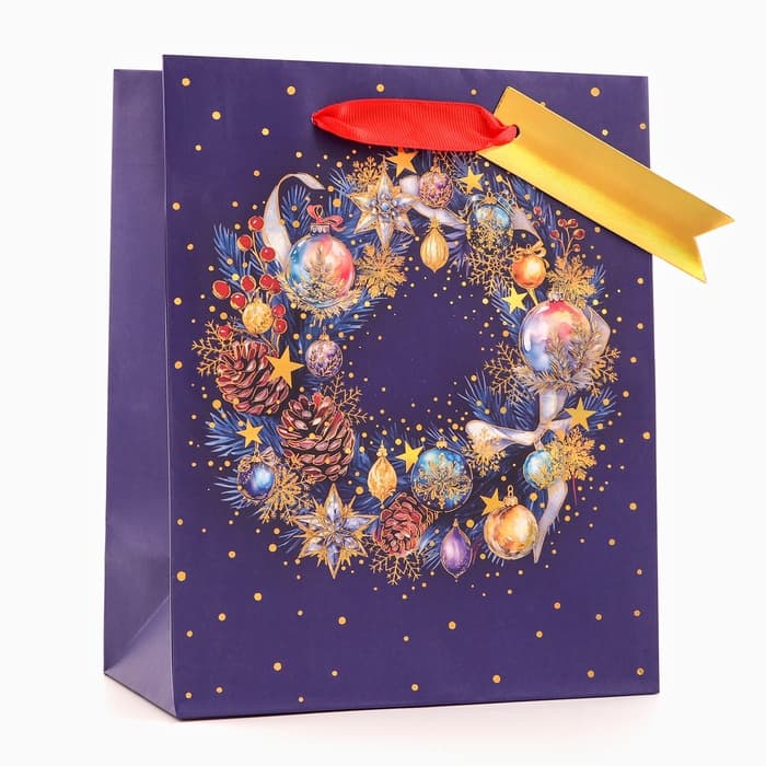 Пакет подарочный новогодний ламинированный «Праздничный венок», 18×22.3×10 см
